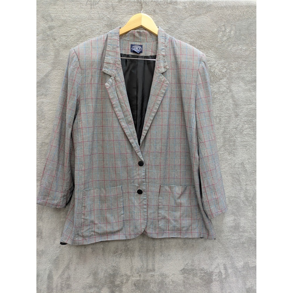 Vintage Plaid Blazer Womens 18W Linen blend Gray Multi Color Jacket